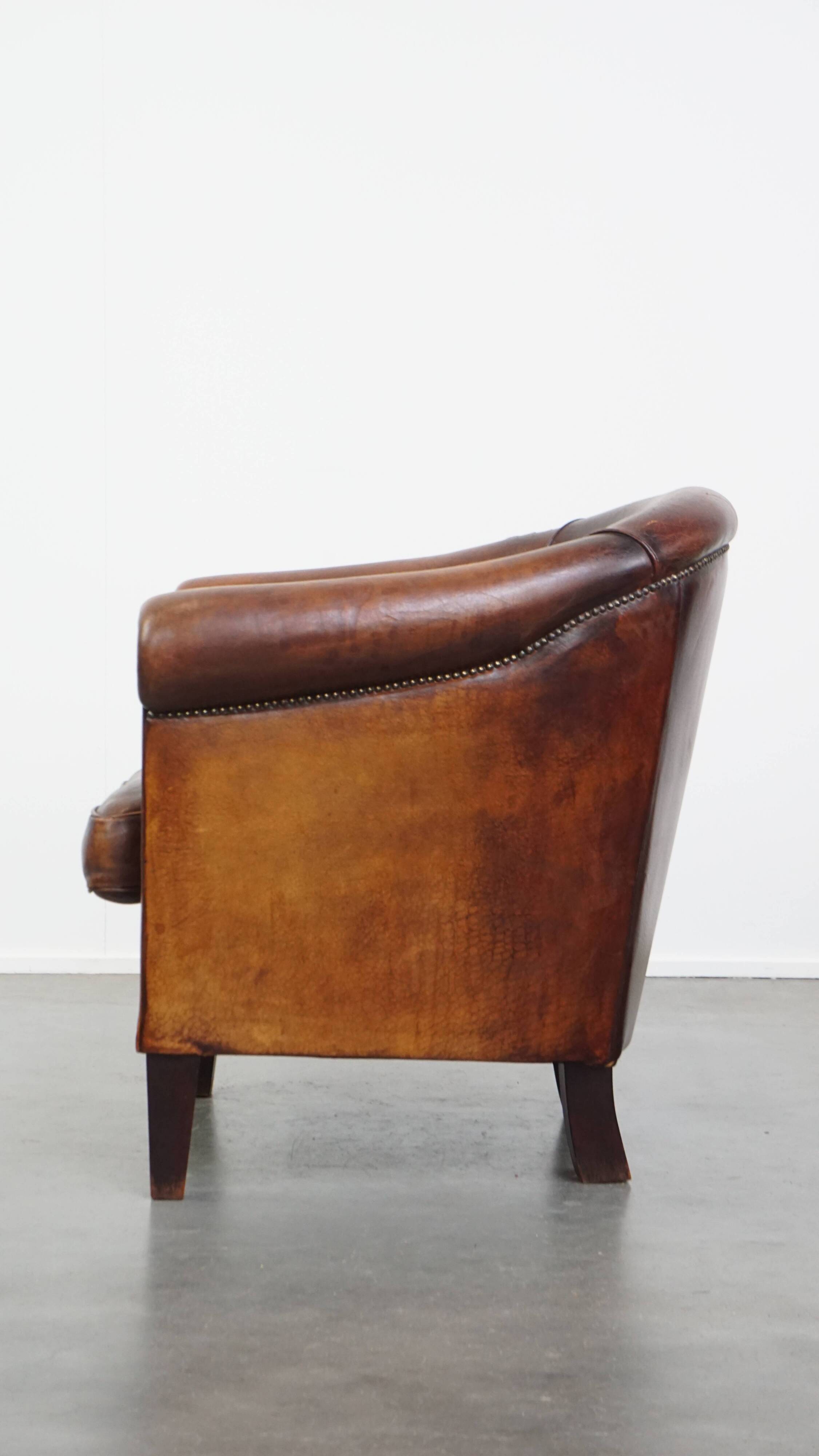 Sheepskin Leather Club Chair in a Cognac Tone