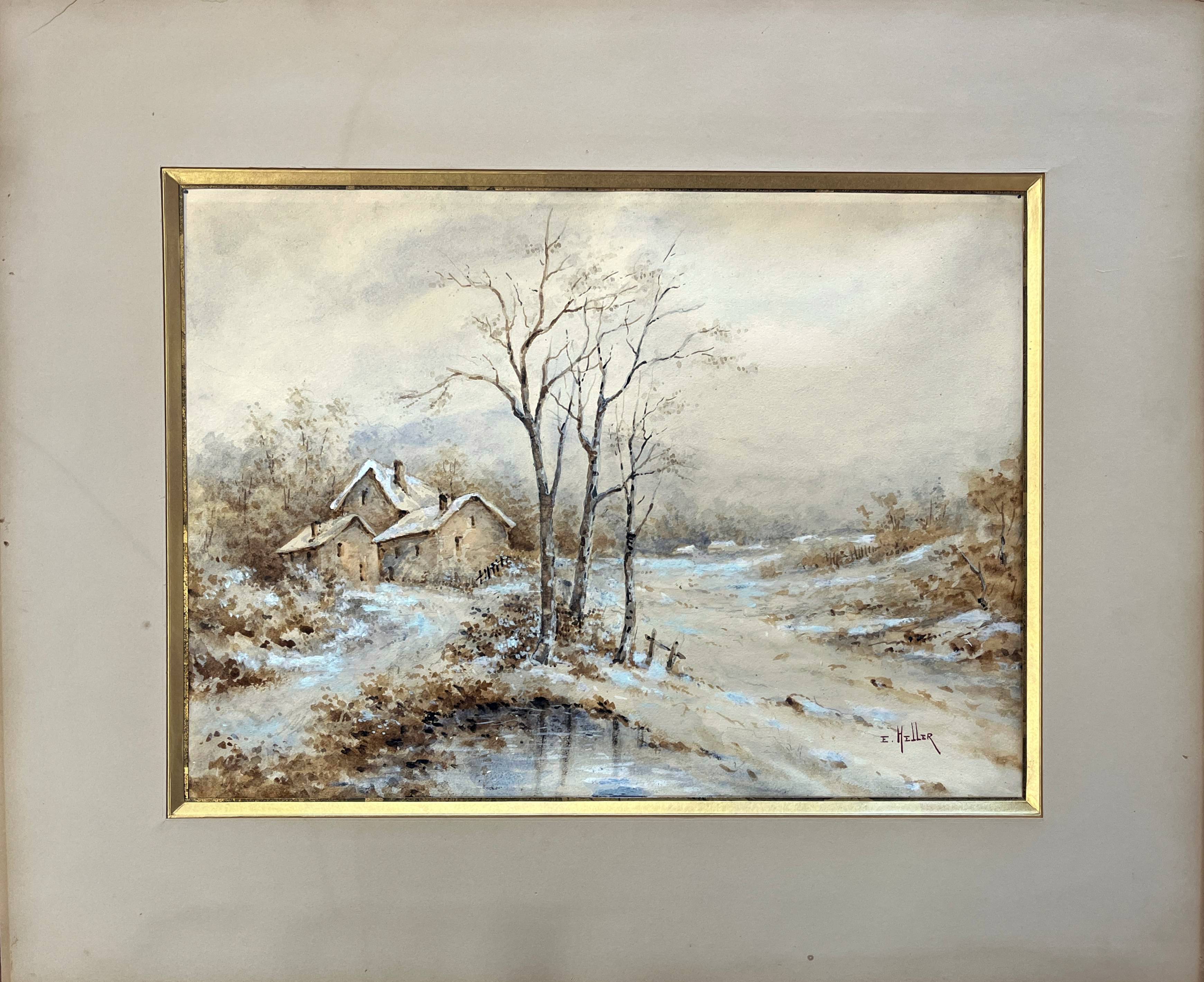 Watercolor painting by Eduard Heller (born in 1852) "Snowy Landscape"