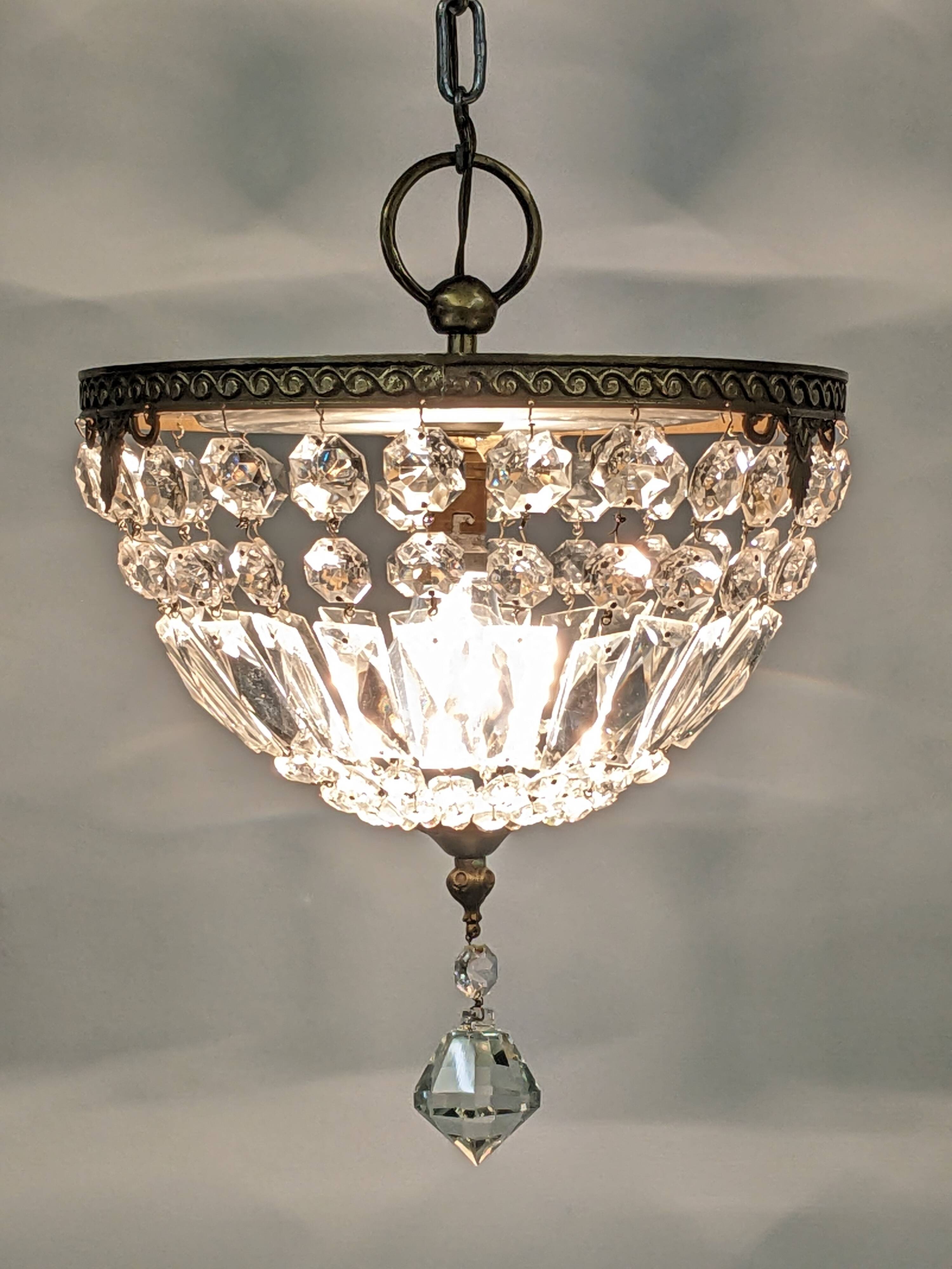 Louis XVI style bronze ceiling light and glass pendants