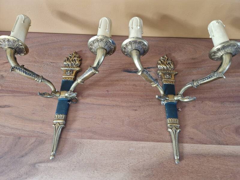 Pair of Empire style wall sconces in gilded bronze and green lacquer.