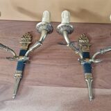 Pair of Empire style wall sconces in gilded bronze and green lacquer.