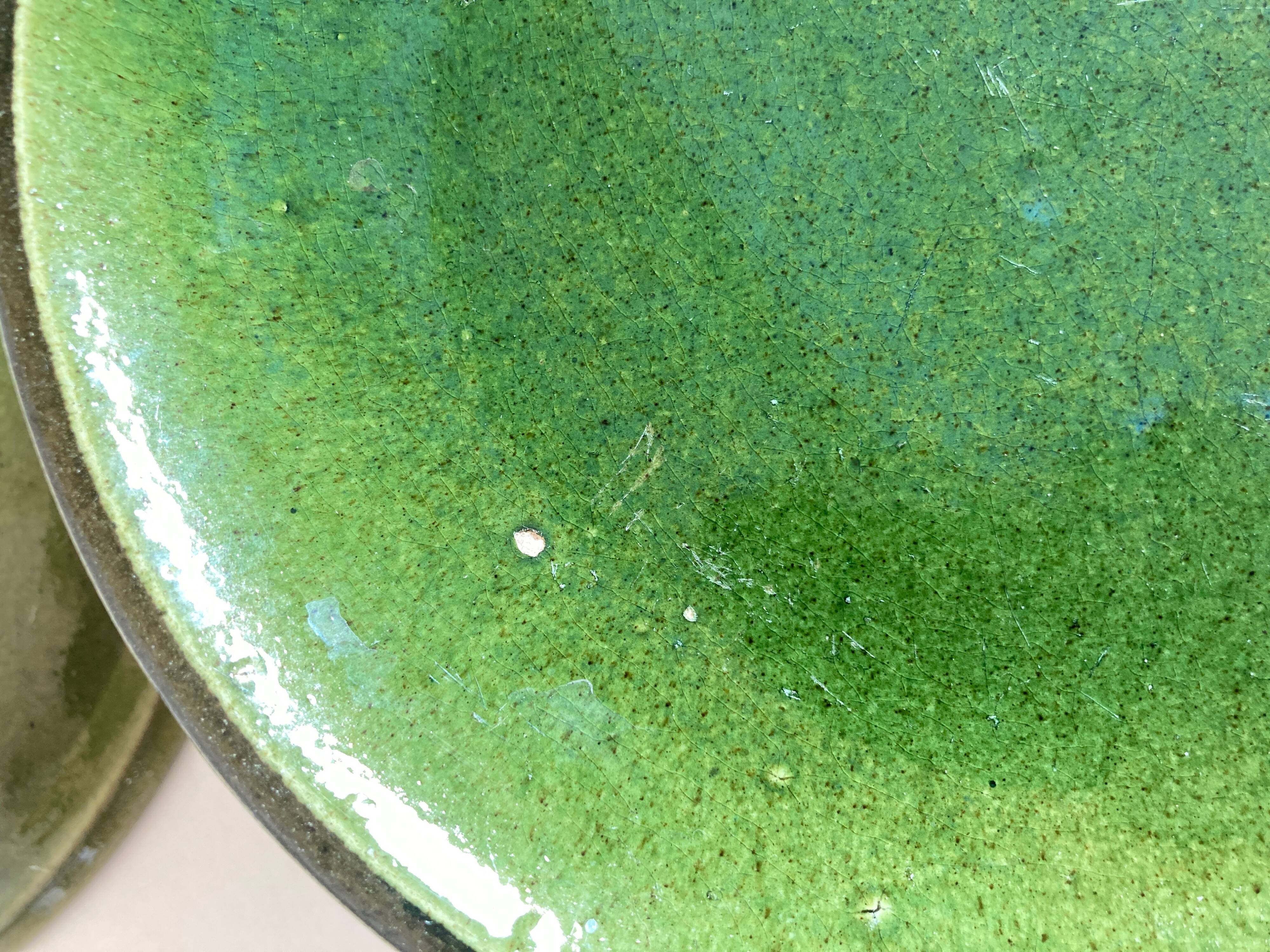 Set 5 plates flat caps dessert in green glazed earth 1960