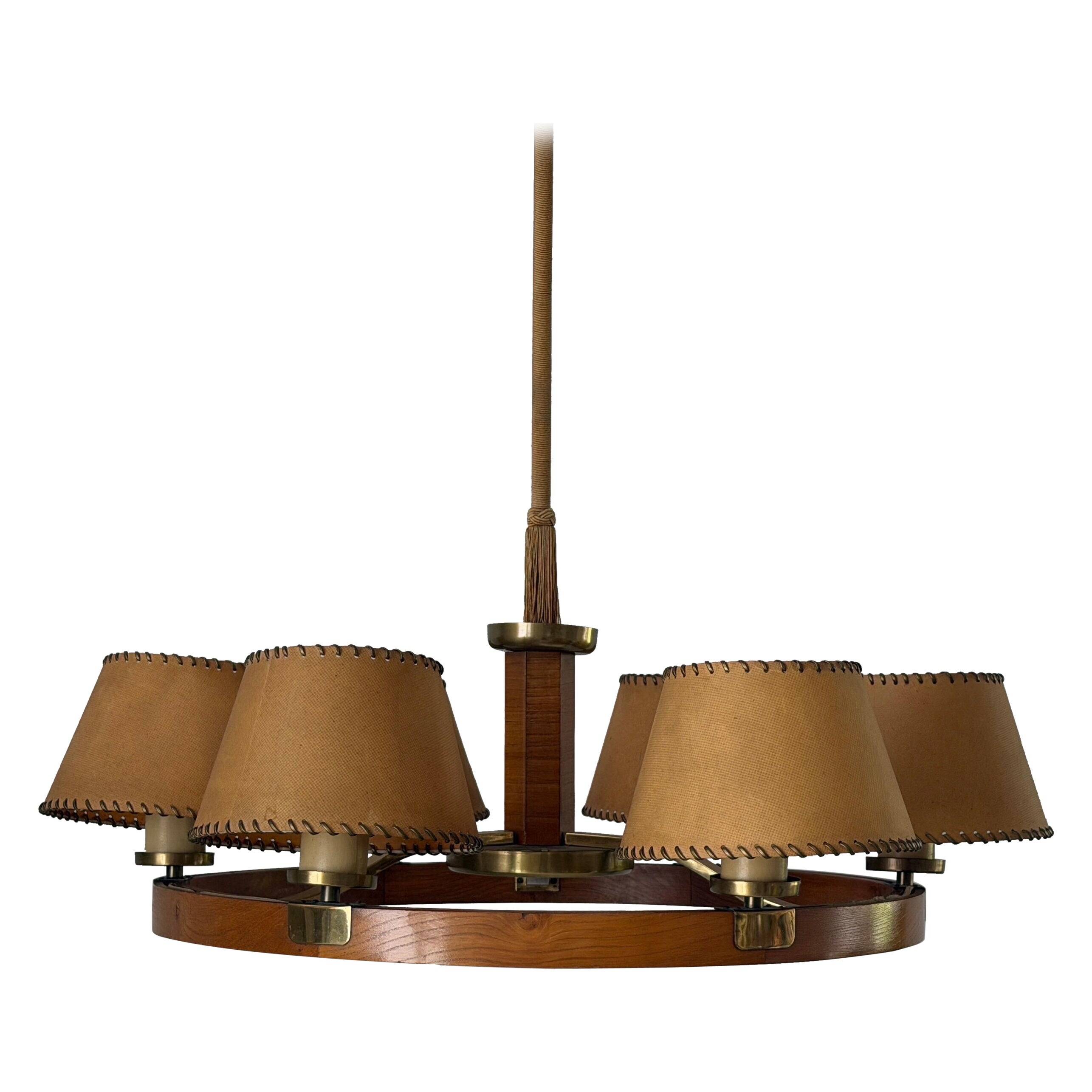 6 wooden paper head chandeliers with brass details, 1960s, Germany