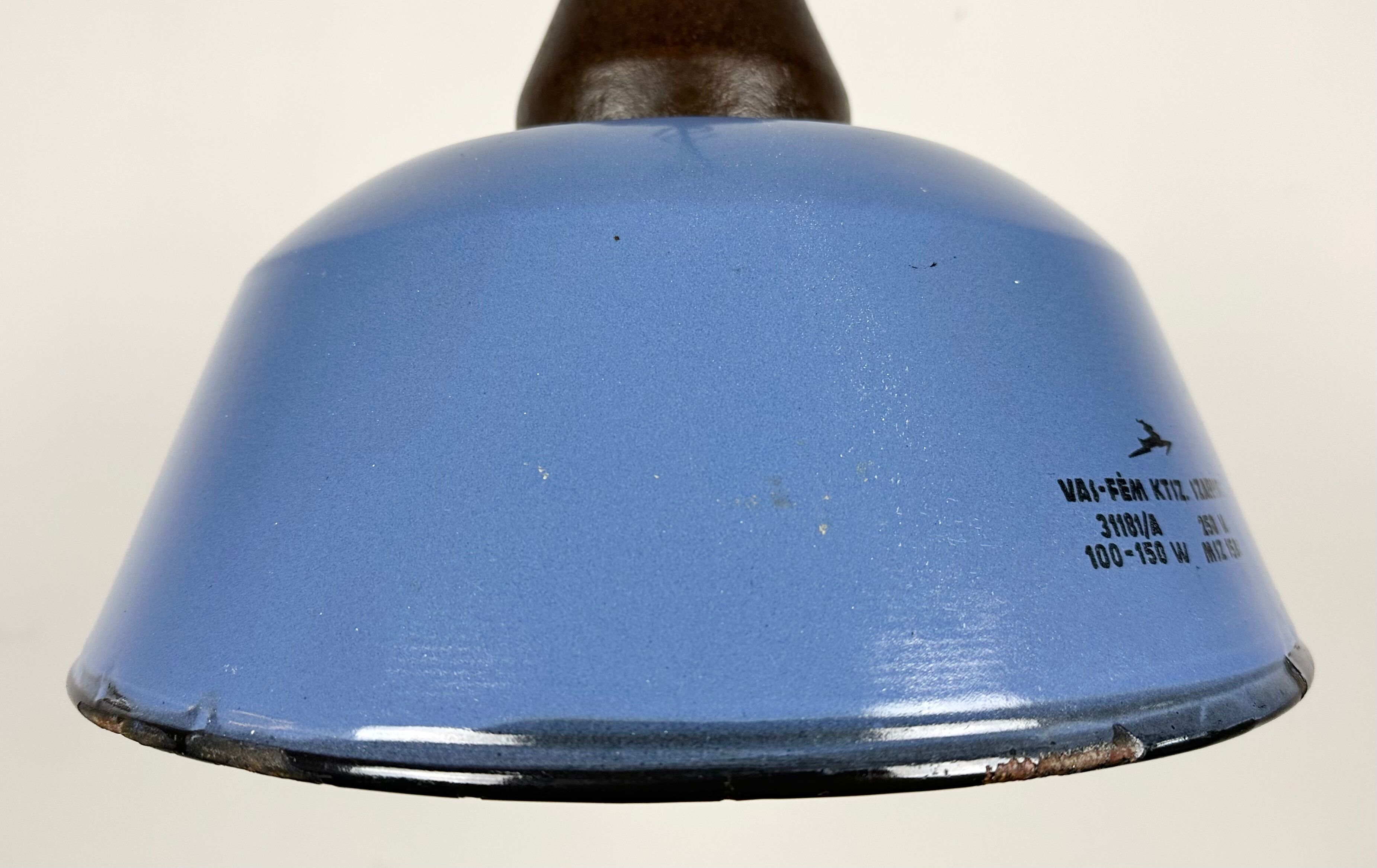 Industrial Blue Enamel and Cast Iron Pendant Light with Glass Cover, 1960s