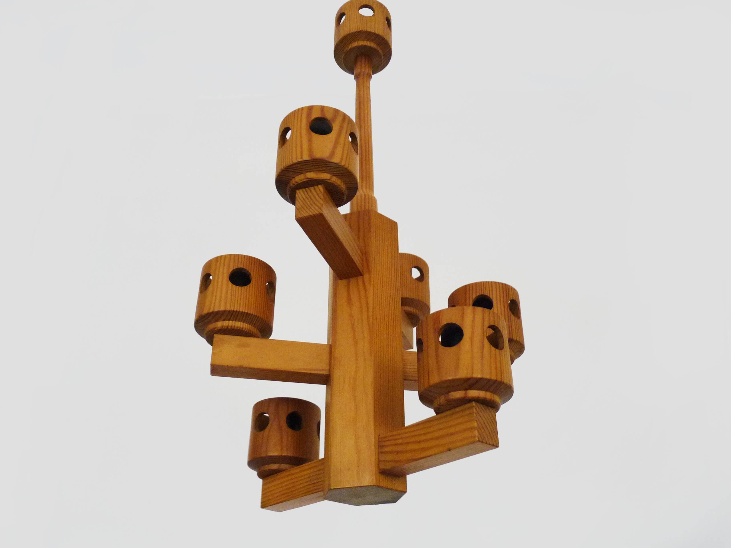 Vintage wooden chandelier with 6 lights. Antique lighting fixture. 1970s