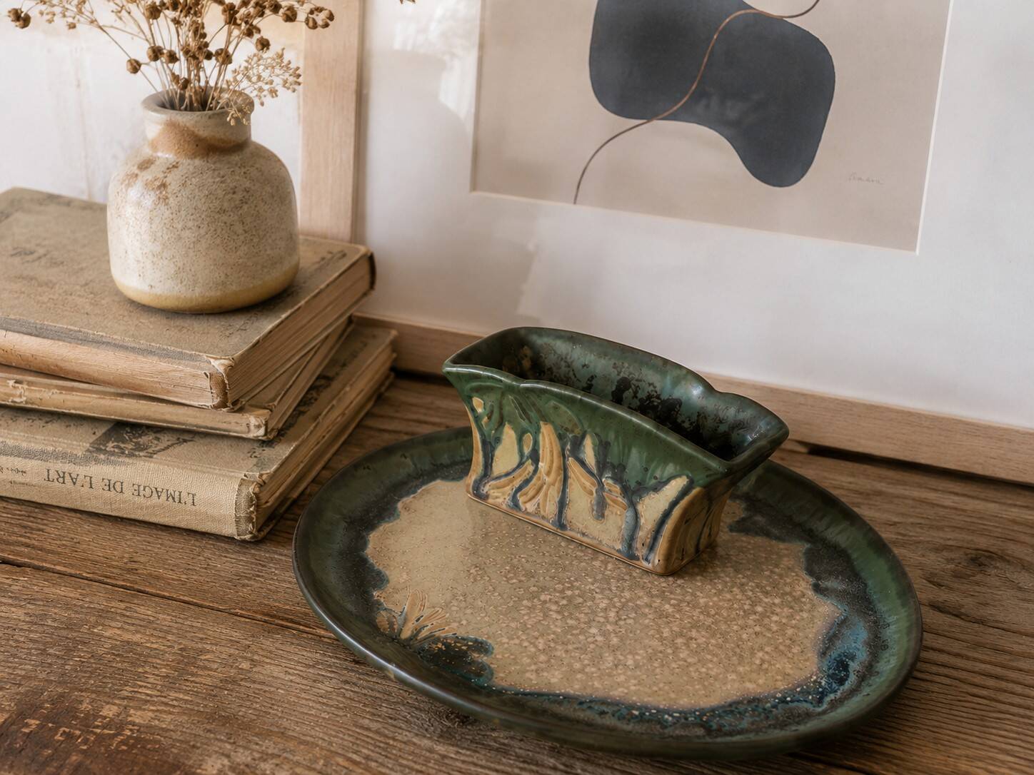 Pair of Denbac enamelled green and blue vide-poches.