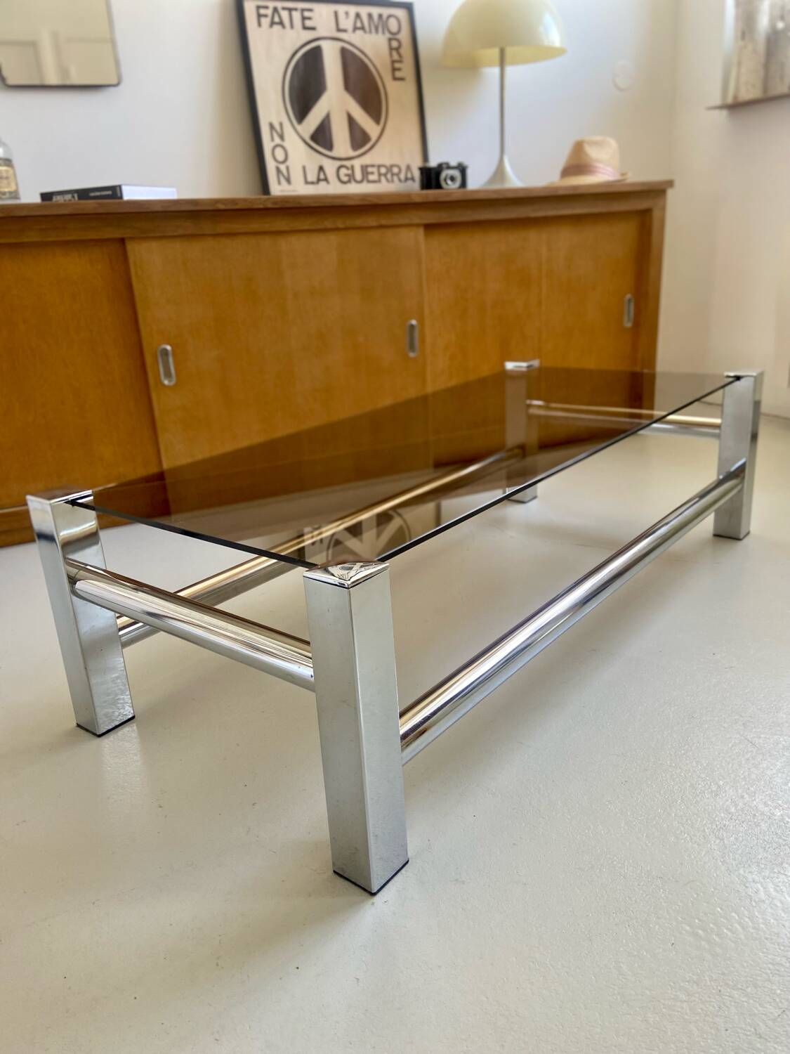 Vintage chrome metal table / smoked glass 1970