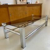 Vintage chrome metal table / smoked glass 1970