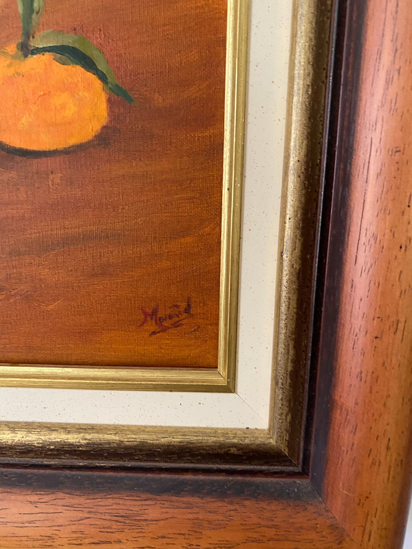 Still life with mandarins and blue pottery, oil on canvas