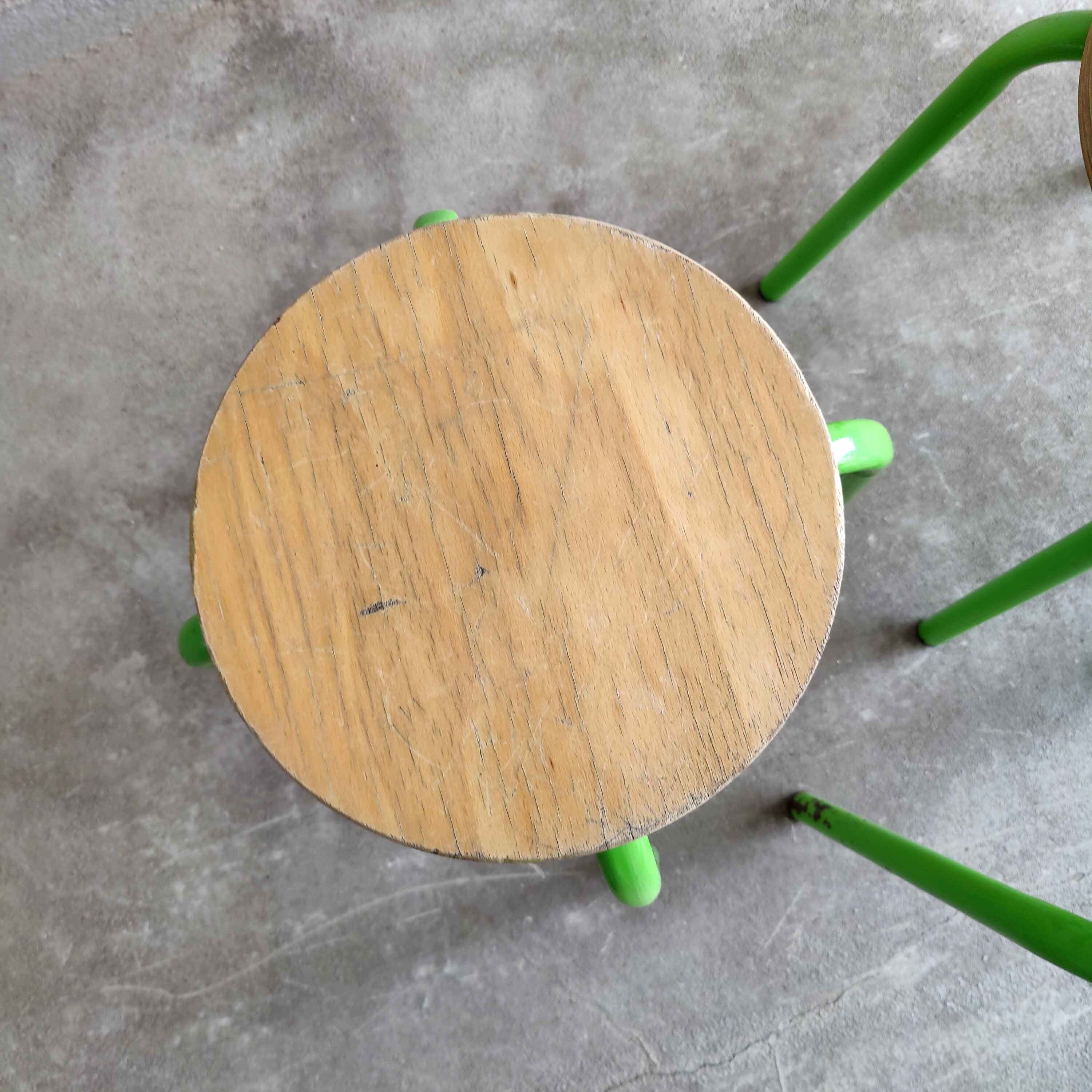 Set of 4 vintage green metal and wood stools