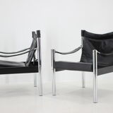 Chaise safari en cuir noir et chrome des années 1970 par johanson design, markaryd