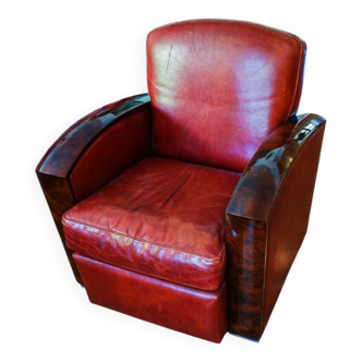Art deco club armchair in solid burr walnut leather