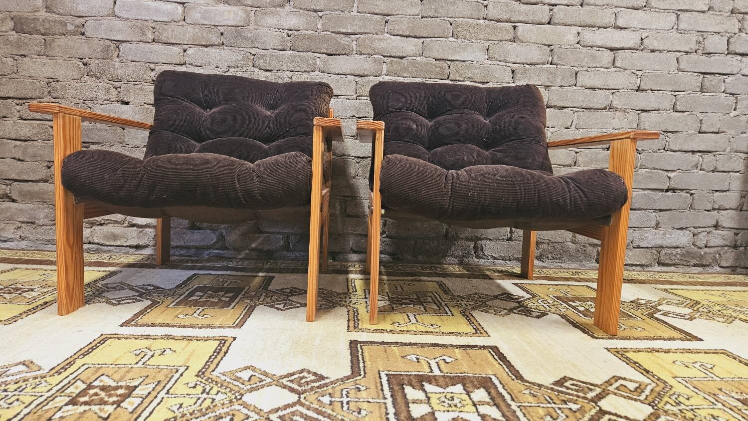 Pair of Yngve Ekström pine armchairs, 1970s