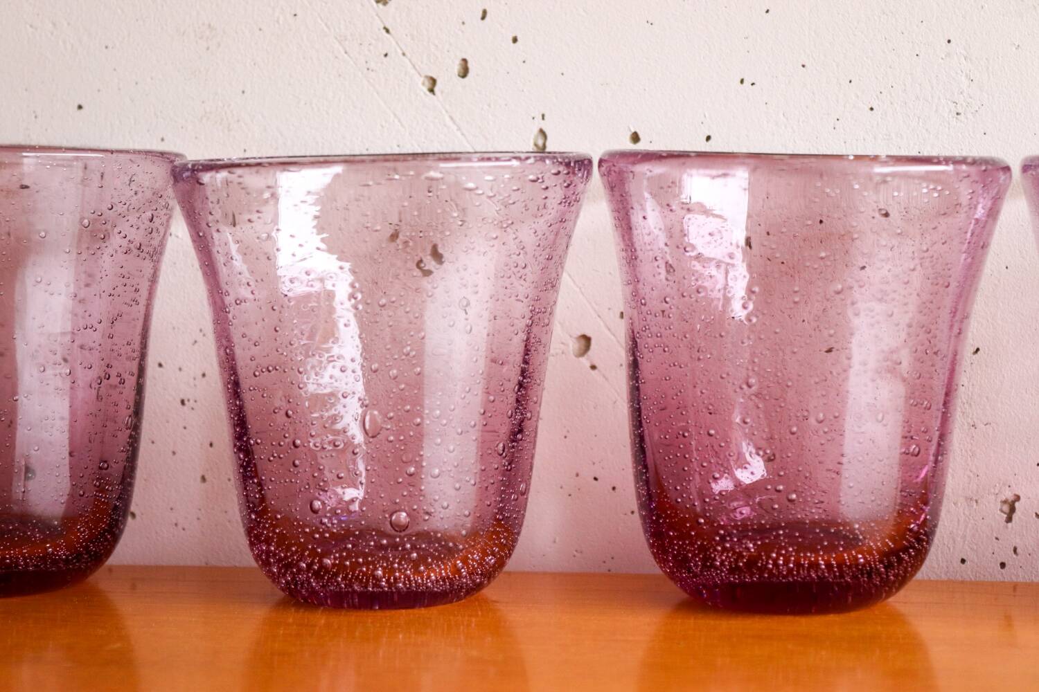 6 purple Biot bubble blown water glasses