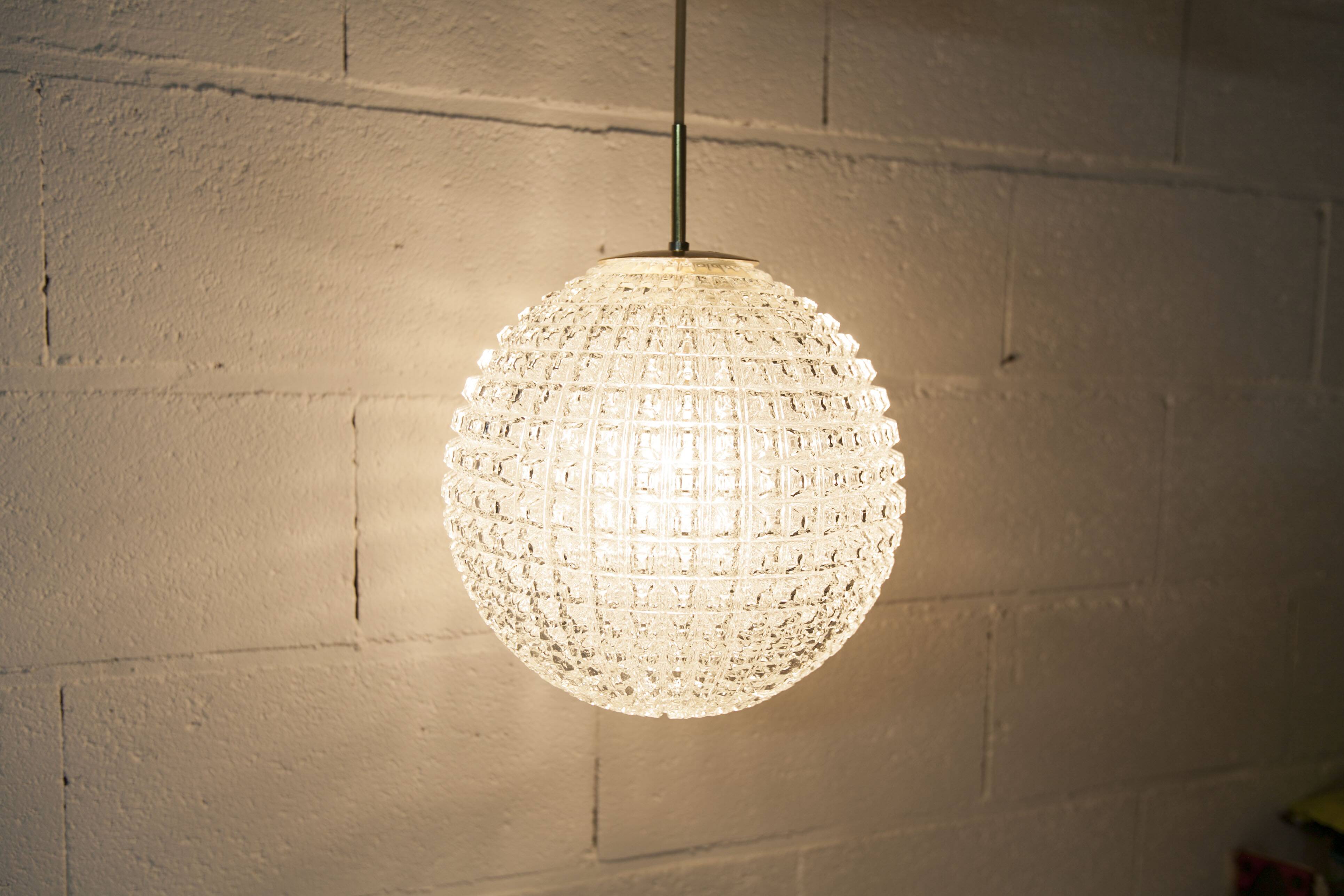 1960s Holophane Ball Pendant Chandelier, Thick Glass, 30 cm, and Vintage Brass