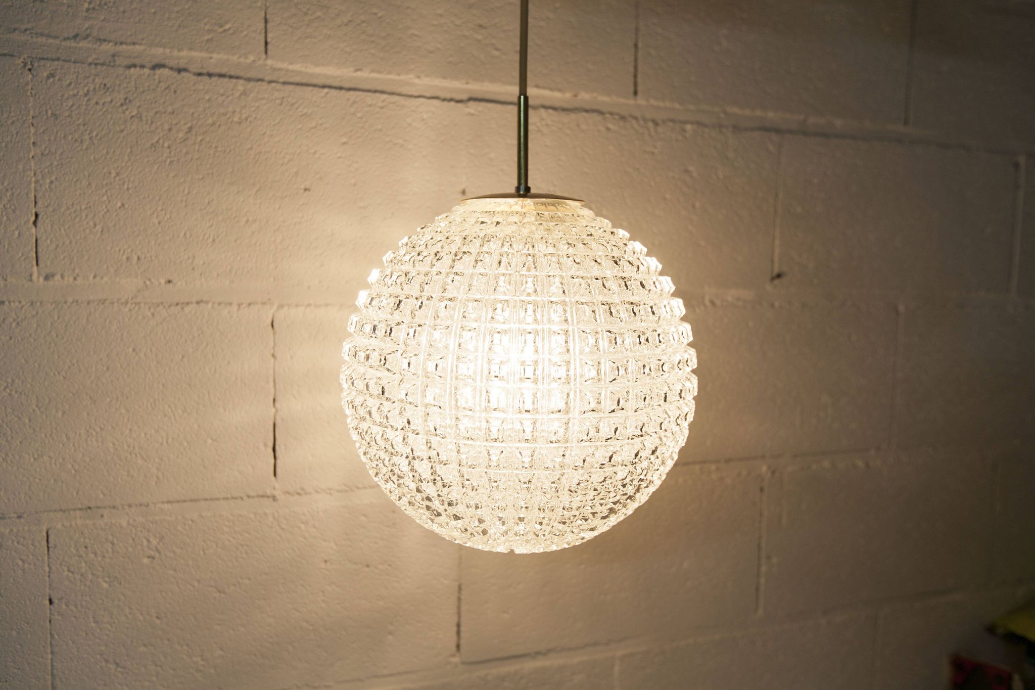 1960s Holophane Ball Pendant Chandelier, Thick Glass, 30 cm, and Vintage Brass