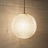 1960s Holophane Ball Pendant Chandelier, Thick Glass, 30 cm, and Vintage Brass