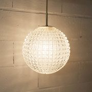 1960s Holophane Ball Pendant Chandelier, Thick Glass, 30 cm, and Vintage Brass