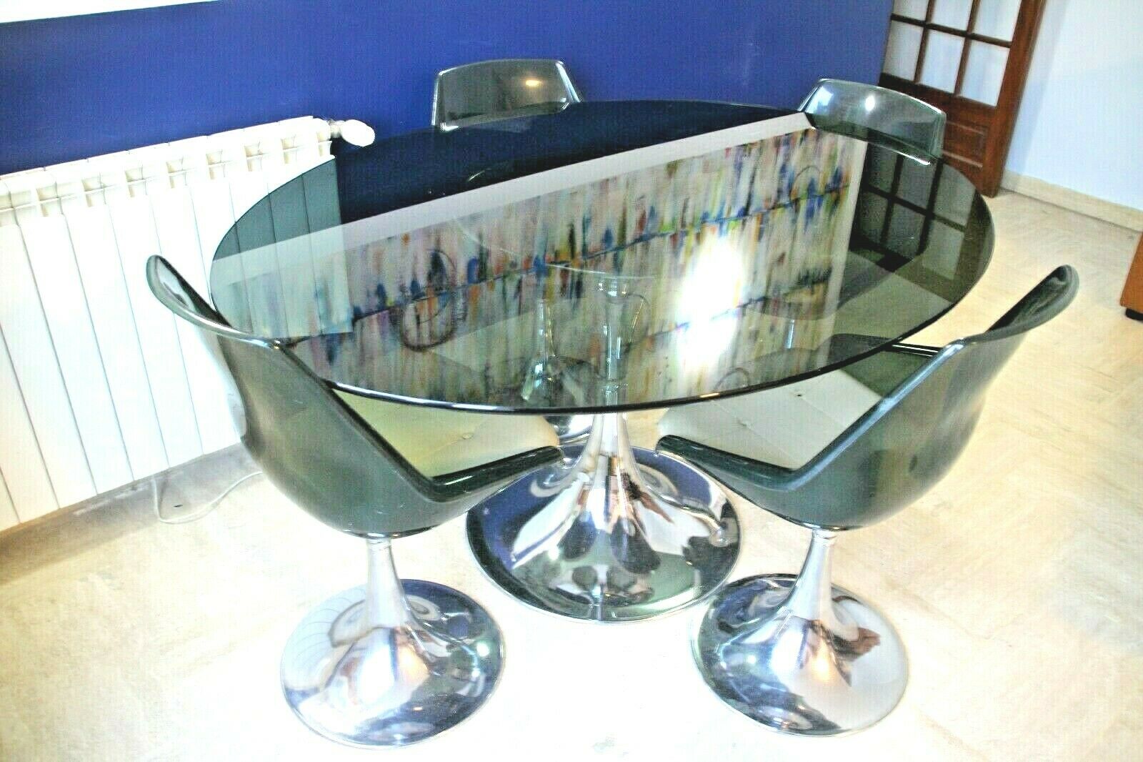 1960s Roche-Bobois set table + glass + 4 chairs, Tulip feet