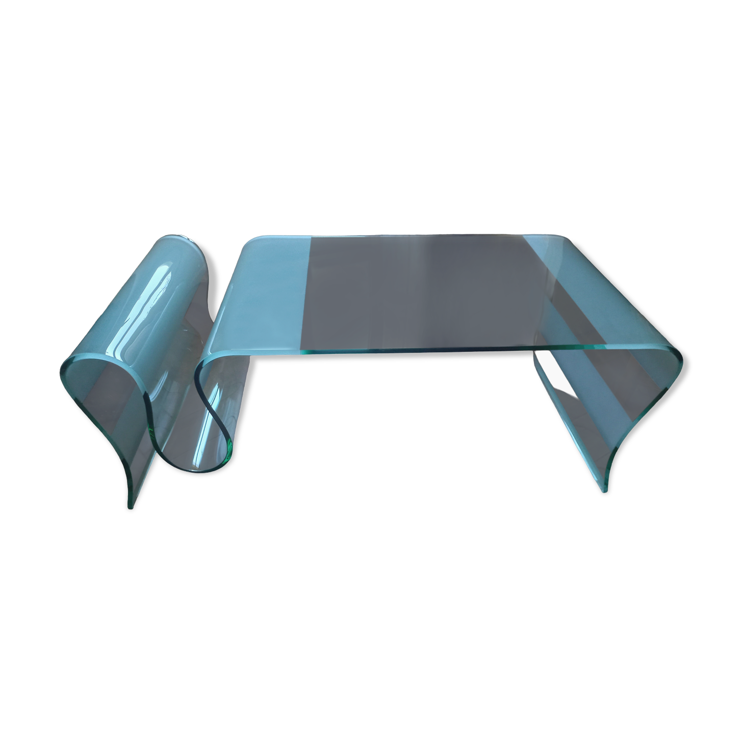 Table basse design en verre trempé et courbé avec porte-revues