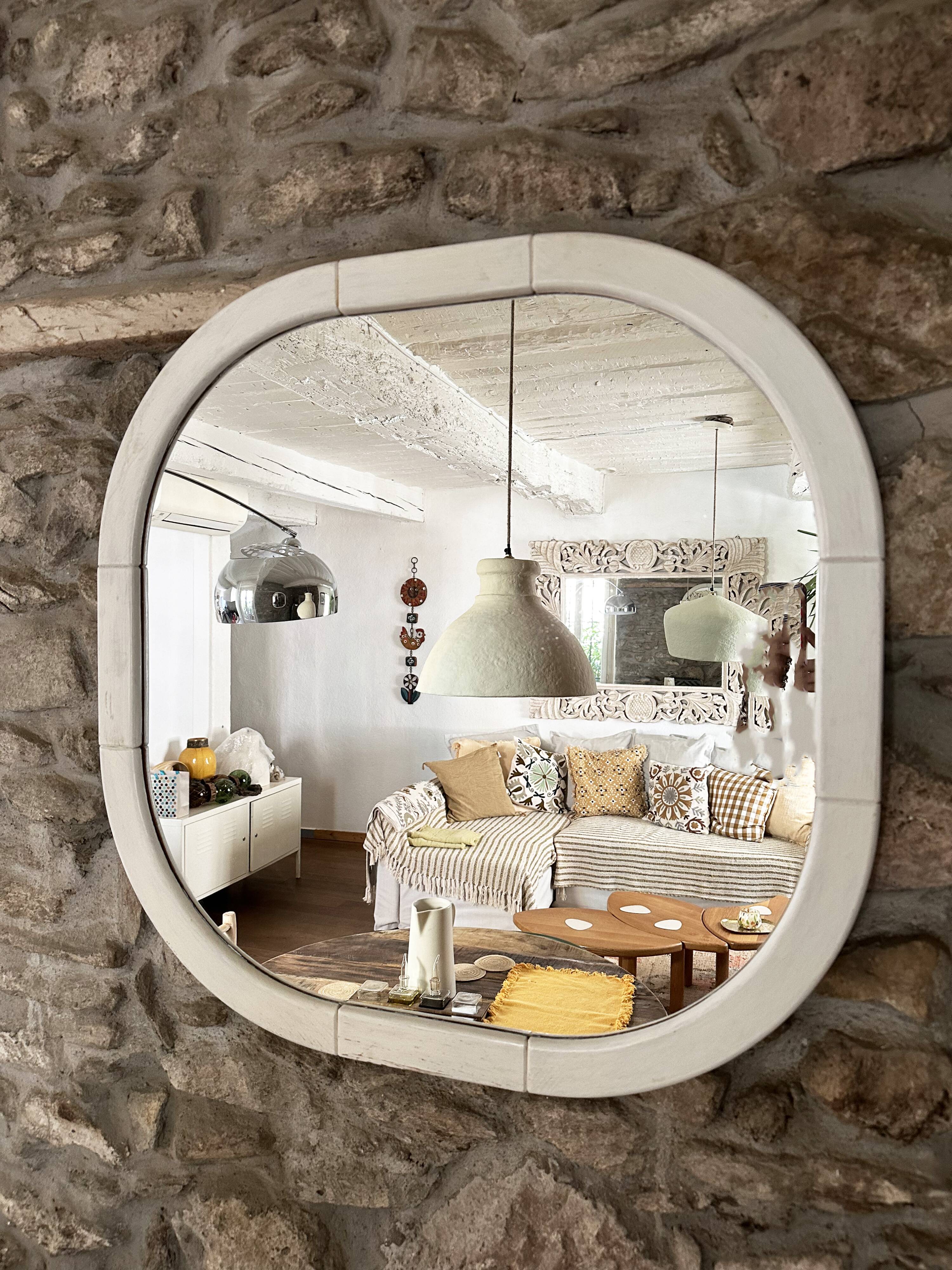 Scandinavian Space Age mirror in patinated white wood, 1970s