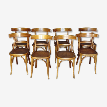 Set de 8 chaises bistrot Fischel 1930, assises bois