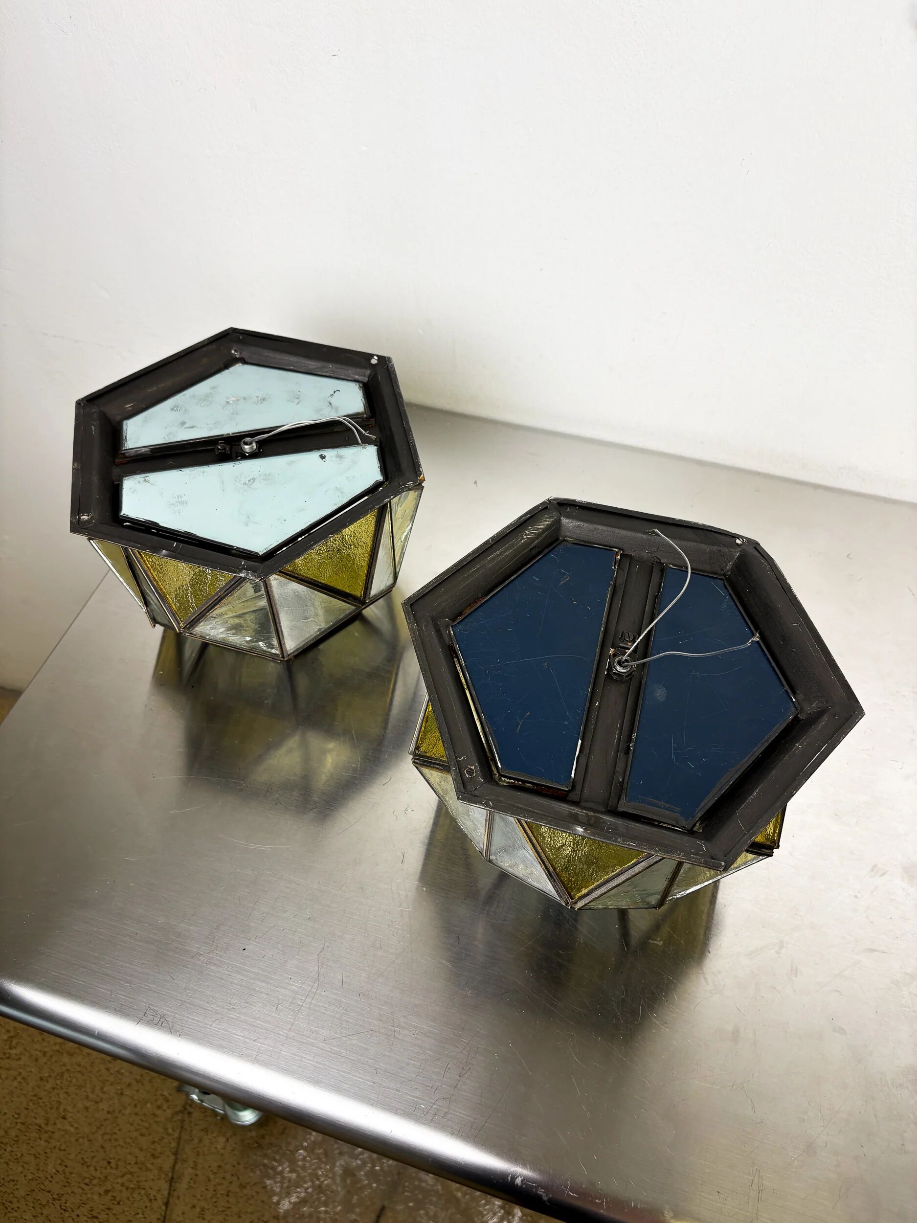Pair of mid-century cubist blown glass ceiling lights, Germany, 1960s
