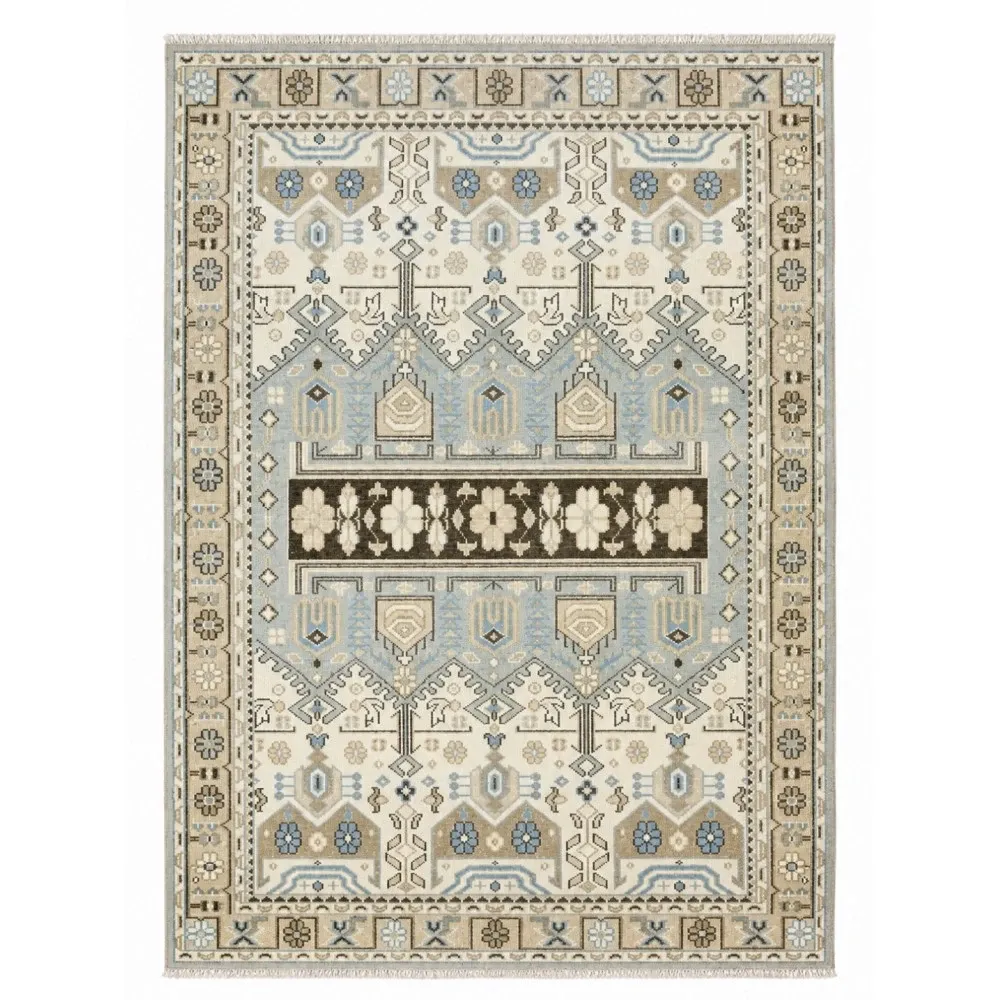 Hand-Knotted Wool Area Rug for Living Room, Decorative Oushak Blue and Ivory Floral Design Carpet