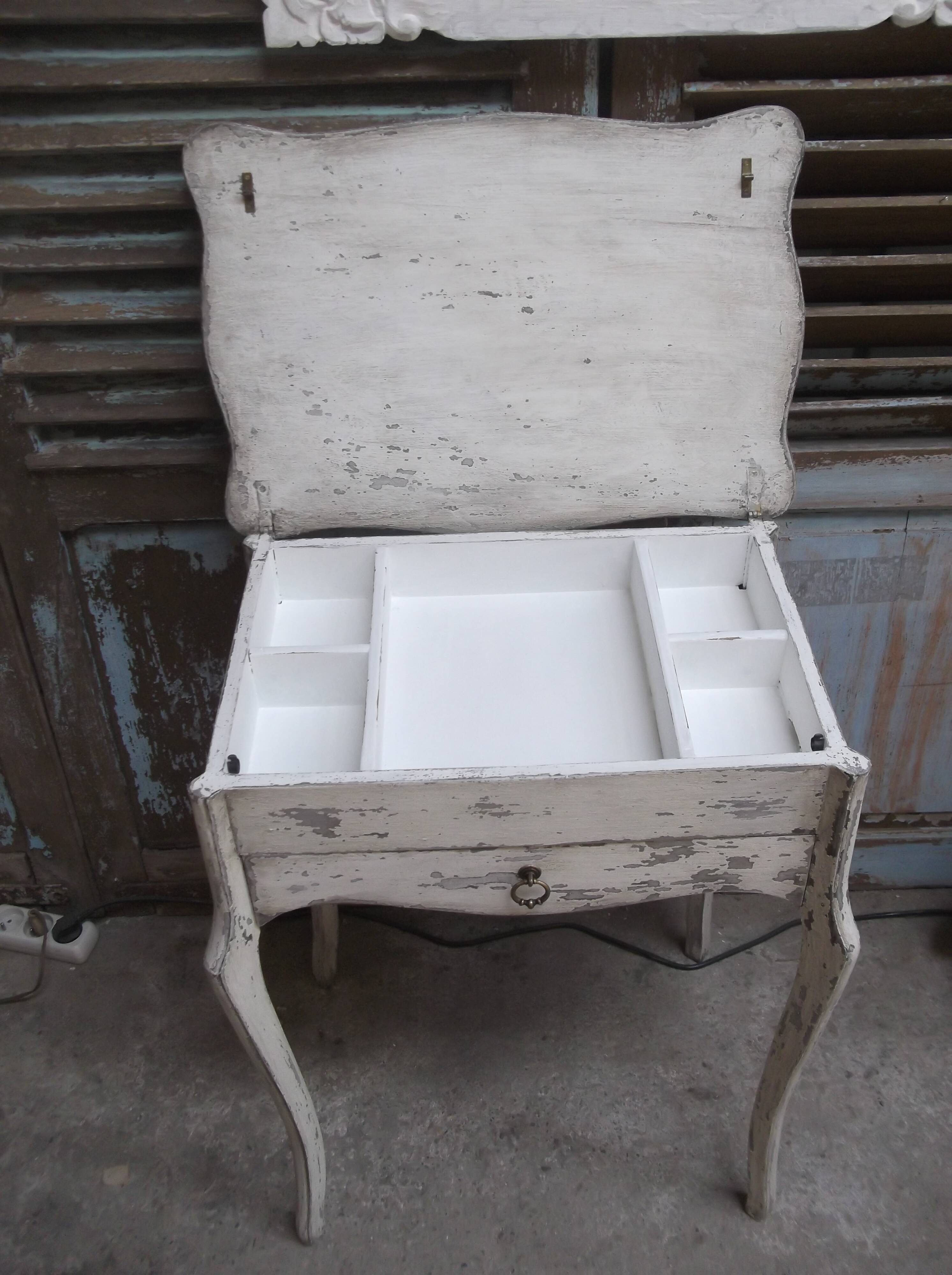 Small side table with walnut storage, patinated white shabby chipped