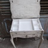 Small side table with walnut storage, patinated white shabby chipped