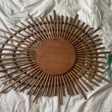 Miroir vintage 1960 soleil rotin style ORTF spirale - 80 x 62 cm