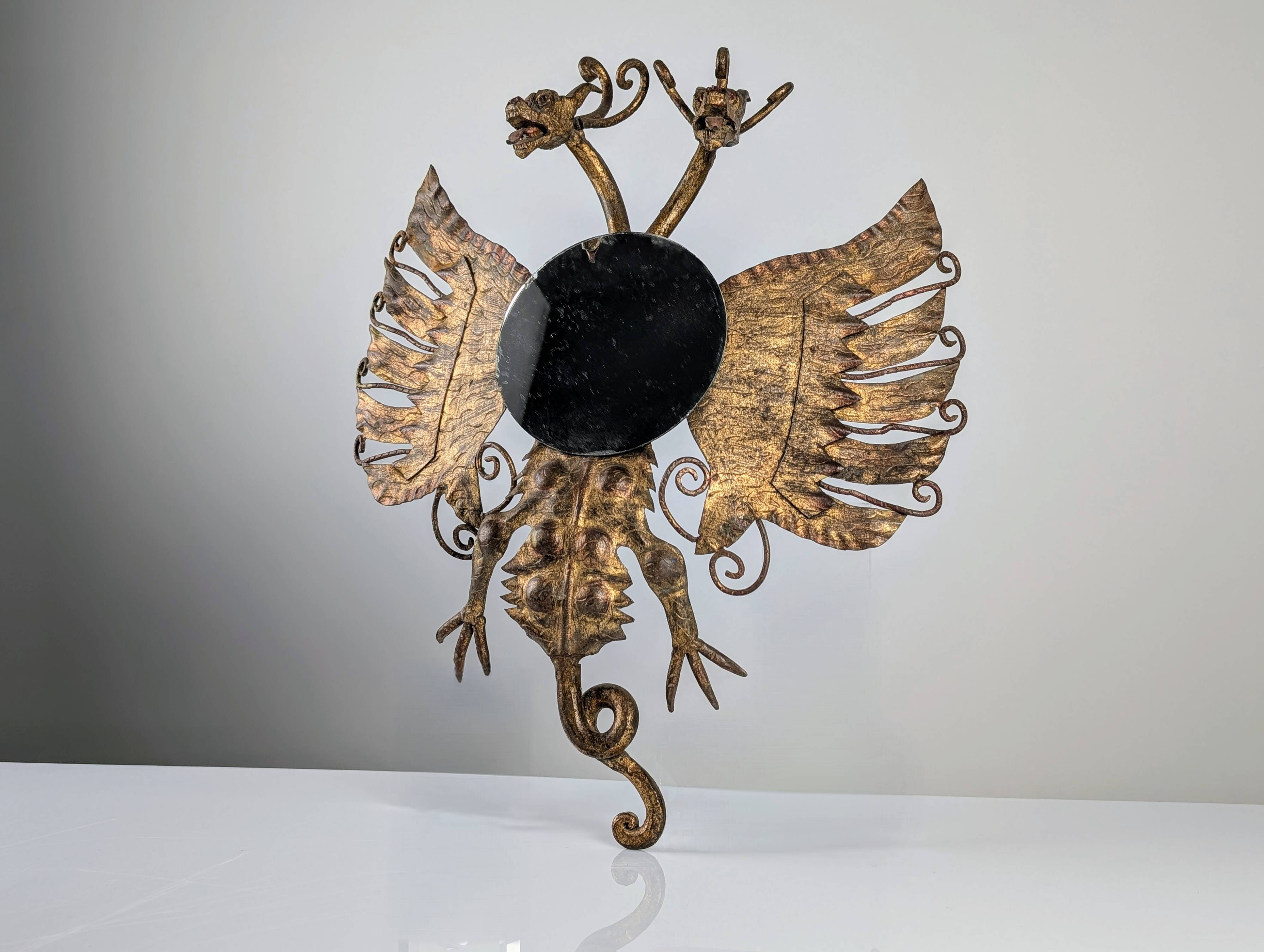 Spanish Neogothic Style Gilded Iron Mirror with Two-Headed Dragon