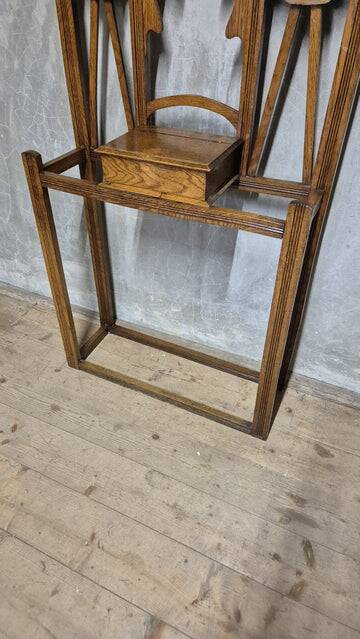 Vintage carved oak hall tree with mirror and coat hooks, early 20th century, 192 × 72 × 24 cm