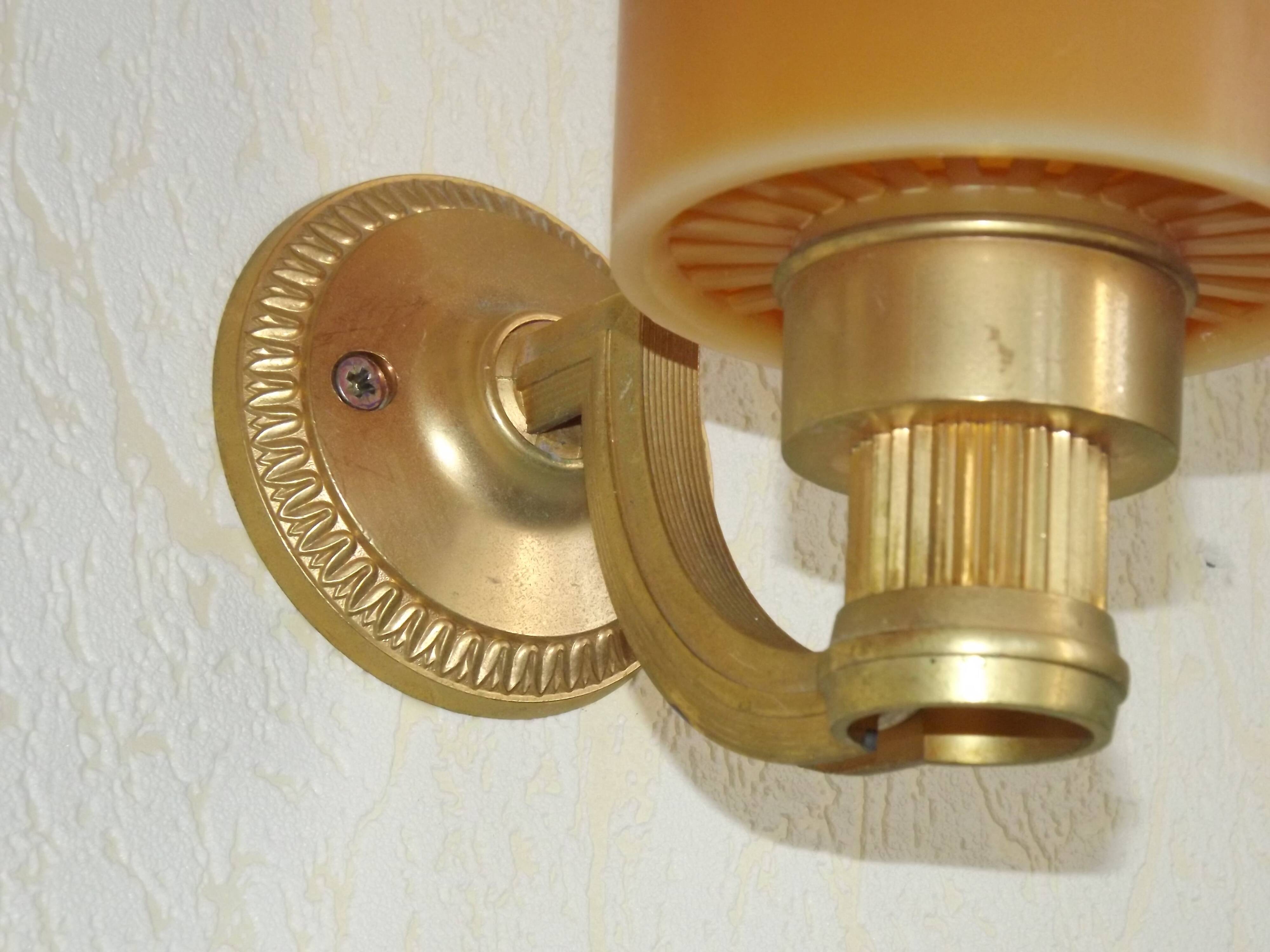 Pair French Vintage 1960s Retro Single Wall Lights Brass & Orange Acrylic