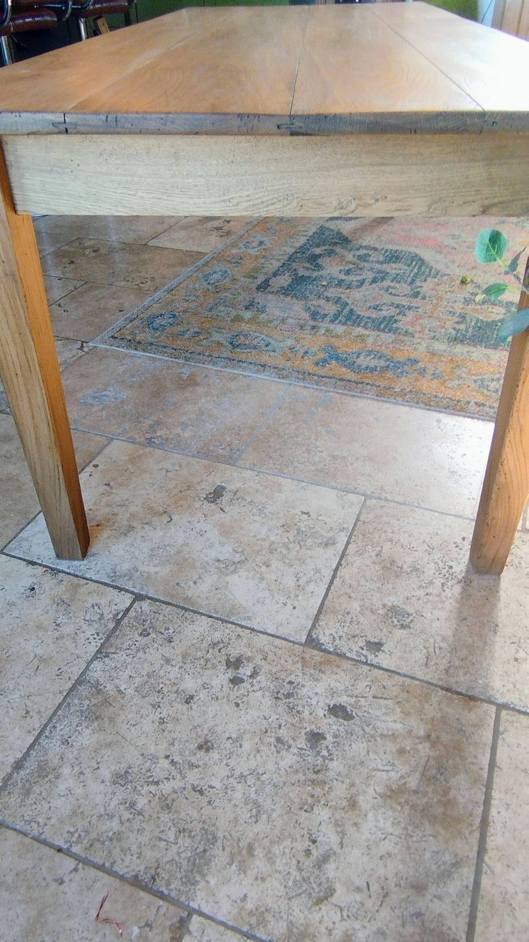 Solid oak farmhouse table with central drawer and extension