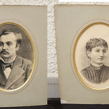 2 old portraits of notables in charcoal signed