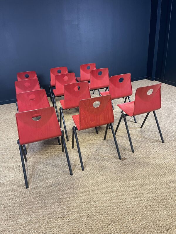 Lot de 12 chaises Galvanitas S30 rouge framboise et acier gris années 70