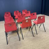 Set of 12 Galvanitas S30 raspberry red and grey steel chairs from the 70s