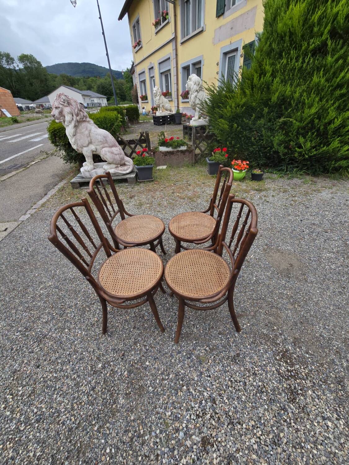 4 vintage Fischel bistro chairs in curved wood and cane