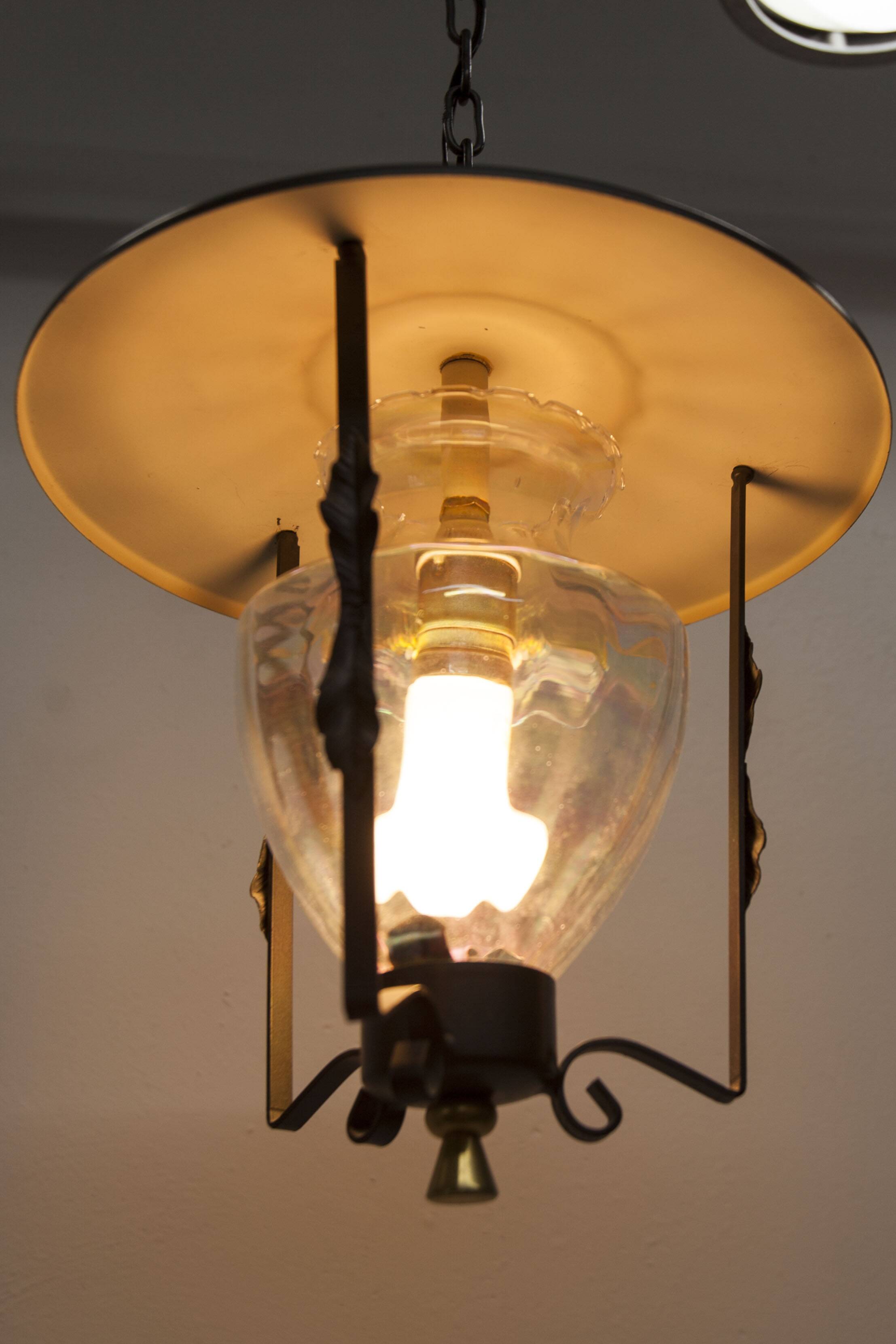 1960s lantern ceiling light with iridescent glass.