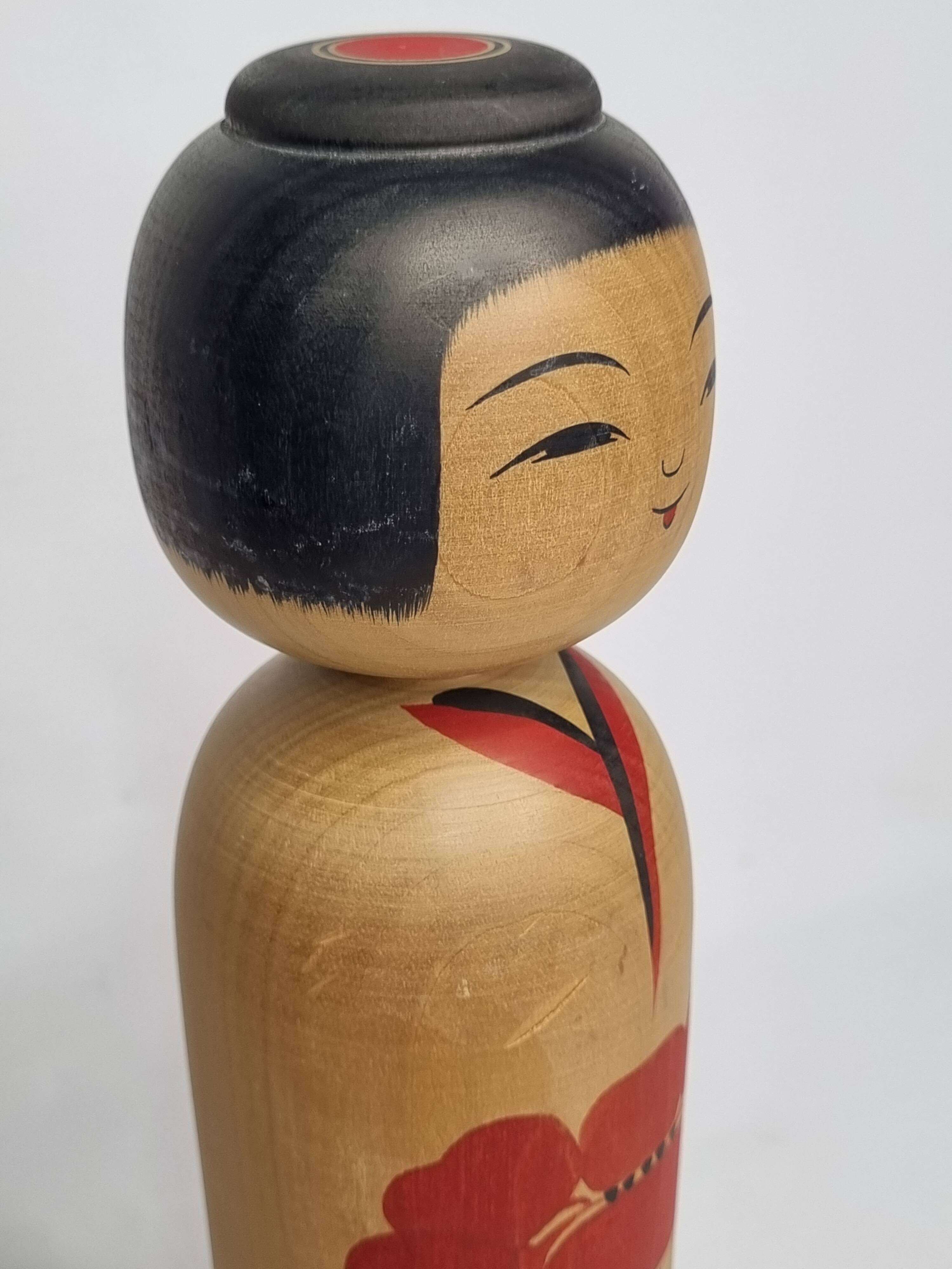 Signed Japanese Kokeshi Doll, Modern Style, Hand Painted Minimalist Decor, 30cm