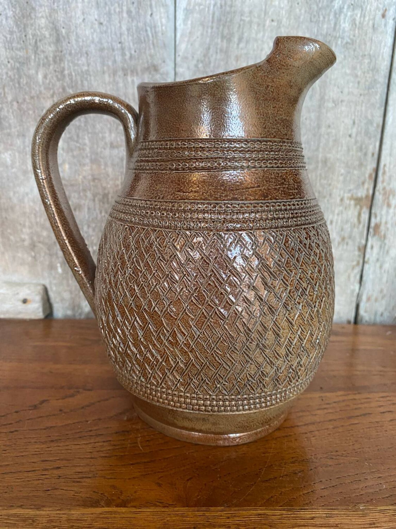 Antique brown stoneware pitcher geometric chiseled decor made in france vintage