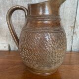 Ancien pichet grès marron décor ciselé géométrique made in france vintage