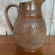 Antique brown stoneware pitcher geometric chiseled decor made in france vintage