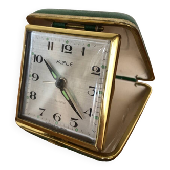 Ancien réveil de voyage alarme kiple metal doré + étui vert vintage #a724