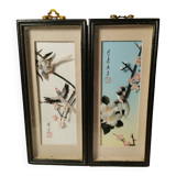 Adorable Paire de tableaux oiseaux à relief Chinois Asiatique Réalisés en Plume Vintage