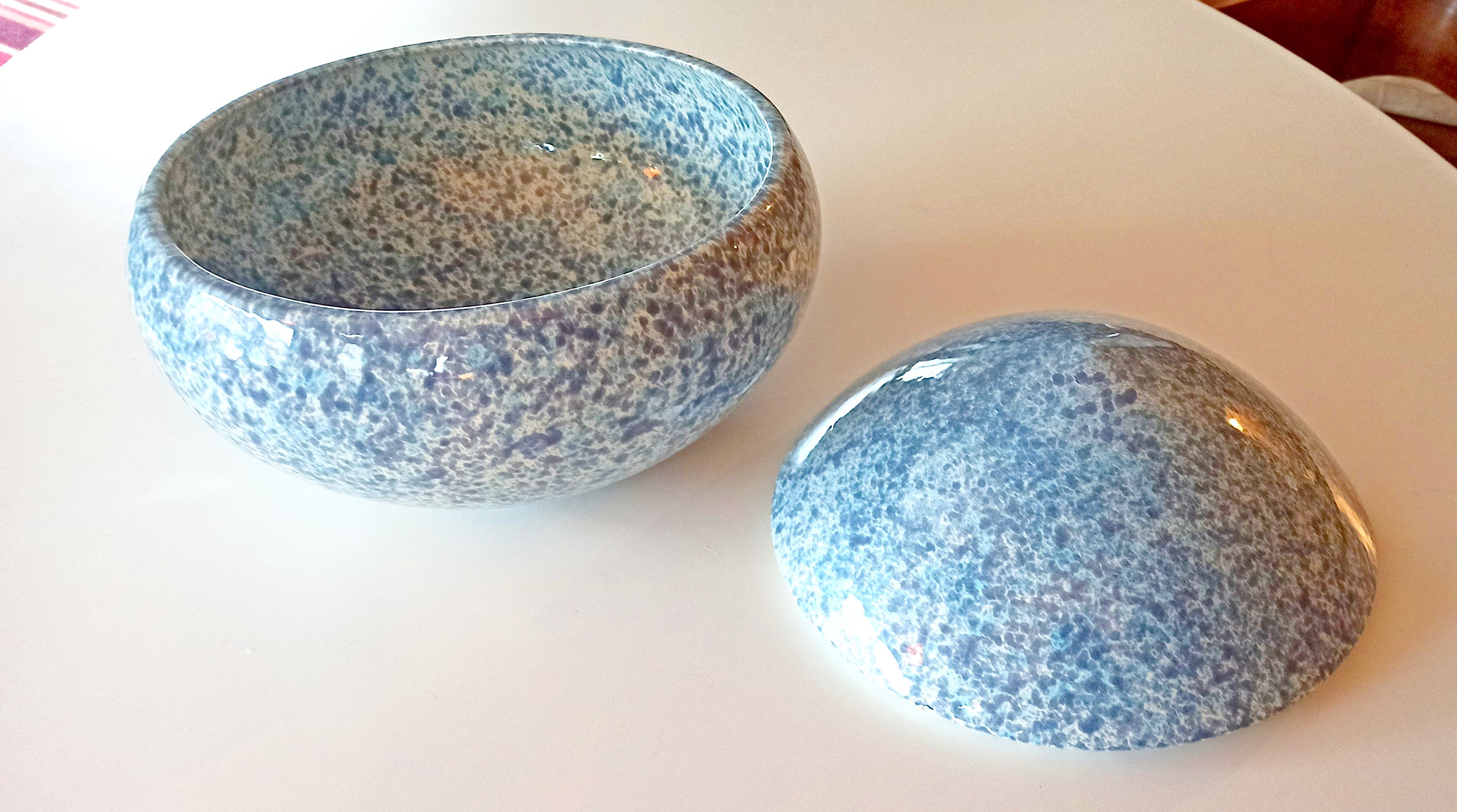 Large blue glazed ceramic biscuit jar Diameter 32.5 cm