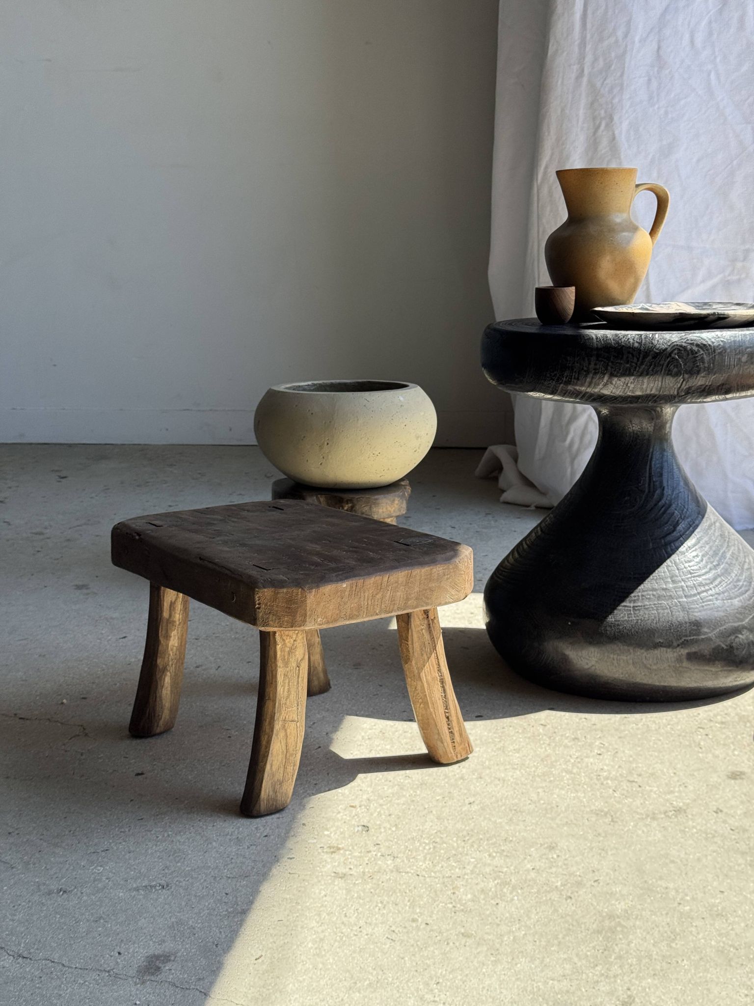 Small stool, rectangular rounded solid teak side table wabi-s
