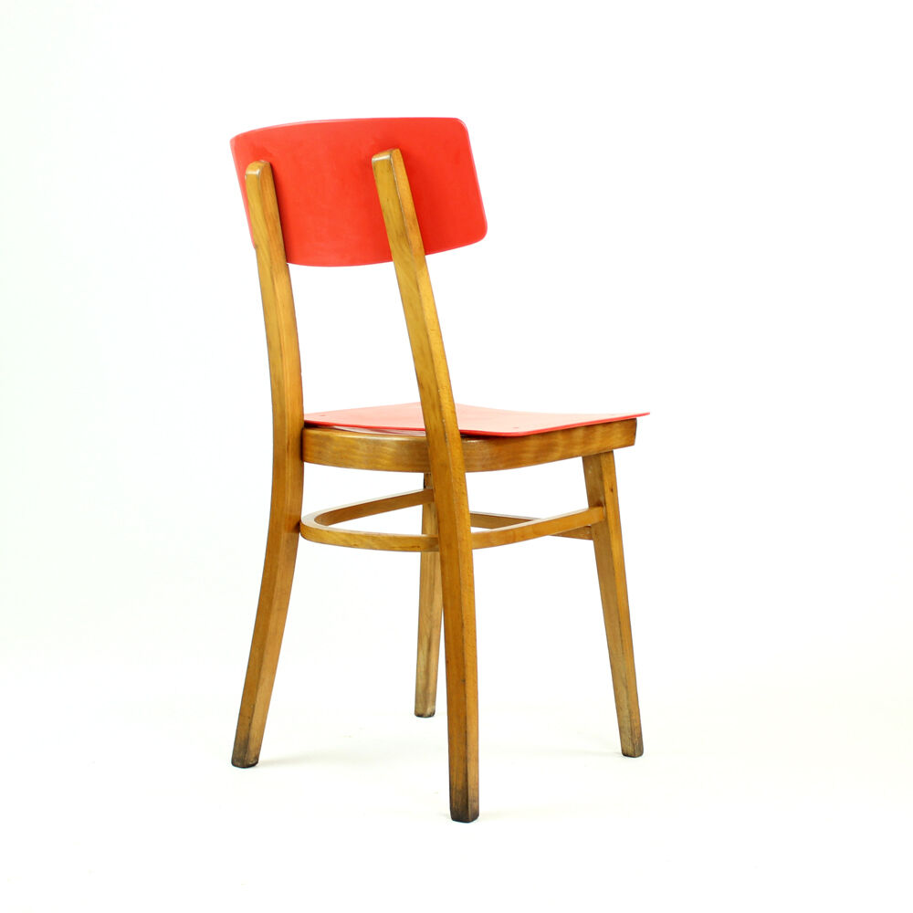Midcentury chair in red and beech wood, Czechoslovakia circa 1960