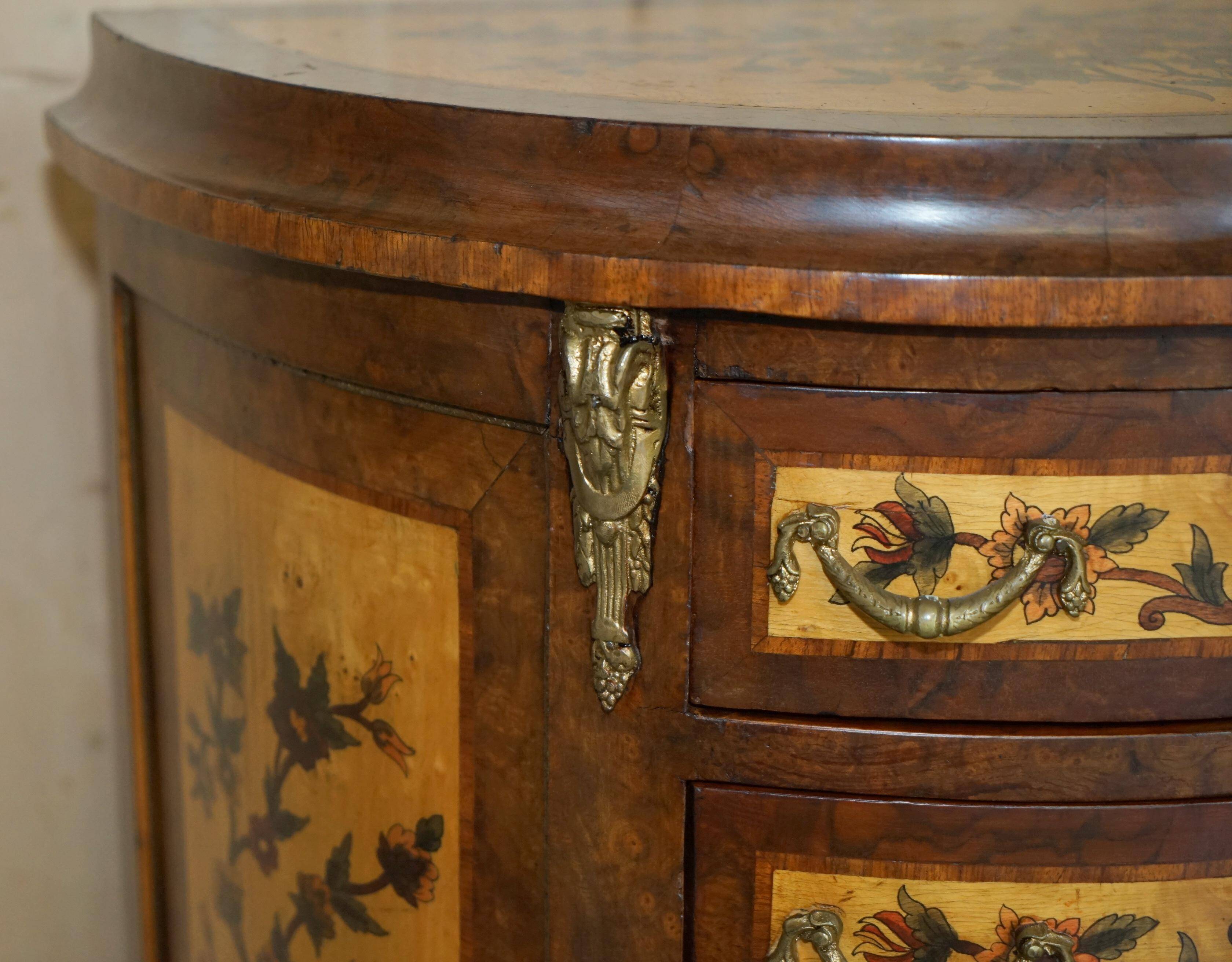 Vintage 1940s demi-lune buffet in burr walnut and satin wood.